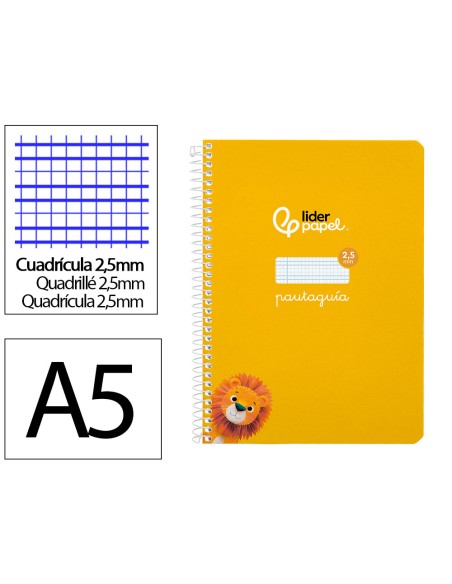 Cuaderno espiral liderpapel di n a5 pautaguia tapa blanda 40h 75 gr cuadro pautado 25mm color amarillo