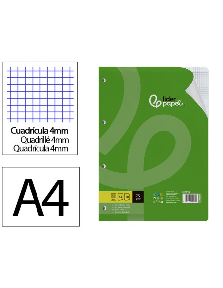 Recambio liderpapel din a4 80 hojas 75g m2 cuadro 4 mm con margen 4 taladros
