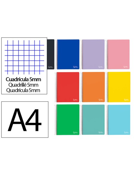 Cuaderno espiral liderpapel a4 micro witty tapa dura 120h 90gr cuadro 5mm 5 bandas 4 taladros colores surtidos