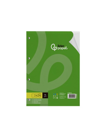 Recambio liderpapel din a4 100 hojas 75 gr liso sin margen 4 taladros