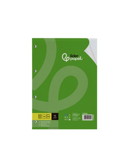 Recambio liderpapel din a4 100 hojas 75 gr cuadro 4 mm con margen sin taladros
