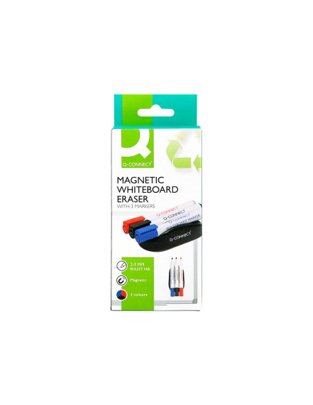 Borrador q connect magnetico con rotulador negro rojo y azul para pizarra blanca