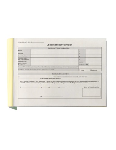 Libro liderpapel subcontratacion folio juego de 10 hojas autocopiativas