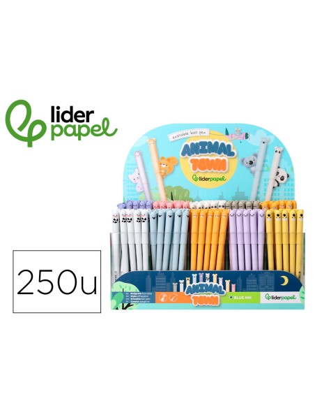 Boligrafo fantasia liderpapel animal town tinta azul borrable punta 1 mm expositor de 250 unidades 300x138x292 mm