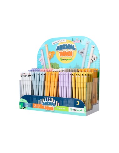 Boligrafo fantasia liderpapel animal town tinta azul borrable punta 1 mm expositor de 250 unidades 300x138x292 mm