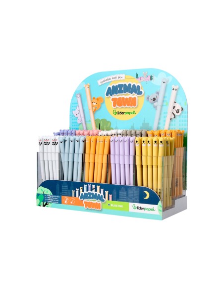 Boligrafo fantasia liderpapel animal town tinta azul borrable punta 1 mm expositor de 250 unidades 300x138x292 mm