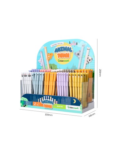 Boligrafo fantasia liderpapel animal town tinta azul borrable punta 1 mm expositor de 250 unidades 300x138x292 mm