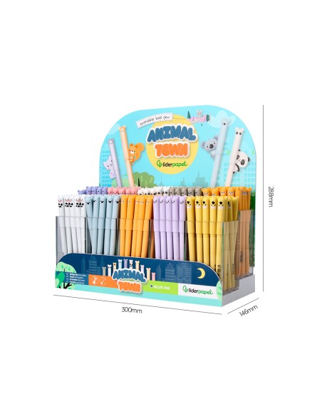 Boligrafo fantasia liderpapel animal town tinta azul borrable punta 1 mm expositor de 250 unidades 300x138x292 mm