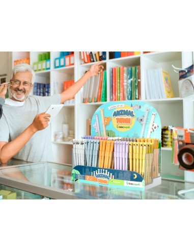 Boligrafo fantasia liderpapel animal town tinta azul borrable punta 1 mm expositor de 250 unidades 300x138x292 mm