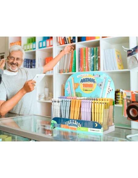 Boligrafo fantasia liderpapel animal town tinta azul borrable punta 1 mm expositor de 250 unidades 300x138x292 mm