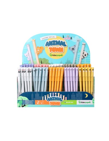 Boligrafo fantasia liderpapel animal town tinta azul borrable punta 1 mm expositor de 250 unidades 300x138x292 mm