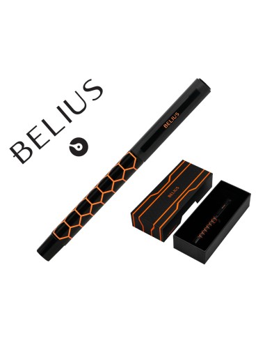 Boligrafo belius legacy aluminio diseno hexagono naranja cuerpo negro tinta color azul caja de diseno