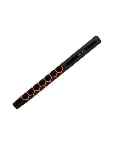 Boligrafo belius legacy aluminio diseno hexagono naranja cuerpo negro tinta color azul caja de diseno