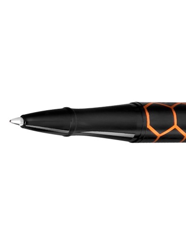 Boligrafo belius legacy aluminio diseno hexagono naranja cuerpo negro tinta color azul caja de diseno
