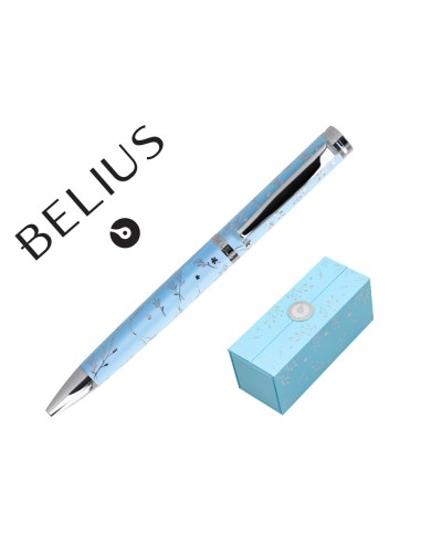 Boligrafo belius bella aluminio color azul celeste diseno plateado relieve tinta azul caja de diseno