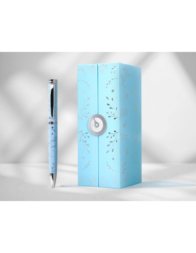 Boligrafo belius bella aluminio color azul celeste diseno plateado relieve tinta azul caja de diseno