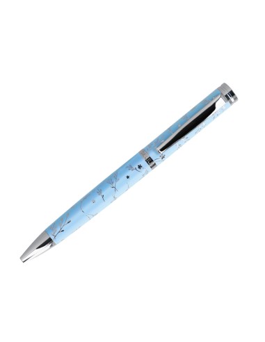 Boligrafo belius bella aluminio color azul celeste diseno plateado relieve tinta azul caja de diseno