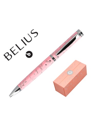 Boligrafo belius bella aluminio color rosa diseno plateado relieve tinta azul caja de diseno