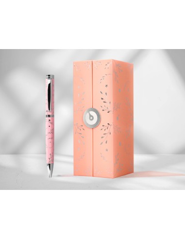 Boligrafo belius bella aluminio color rosa diseno plateado relieve tinta azul caja de diseno