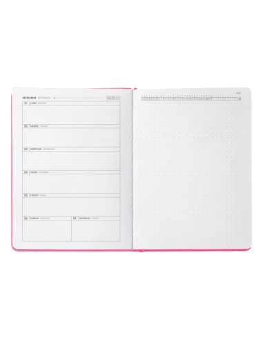 Agenda escolar antartik 25 26 encuadernada go simil piel fucsia semana vista a5 bilingue papel fsc 80 gr