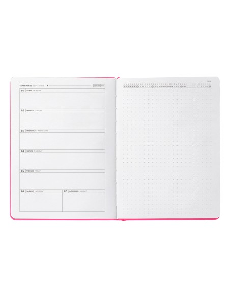 Agenda escolar antartik 25 26 encuadernada go simil piel fucsia semana vista a5 bilingue papel fsc 80 gr