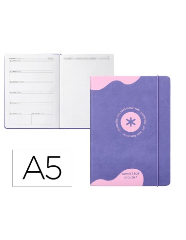 Agenda escolar antartik 25 26 encuadernada ggo simil piel morado semana vista a5 bilingue papel fsc 80 gr