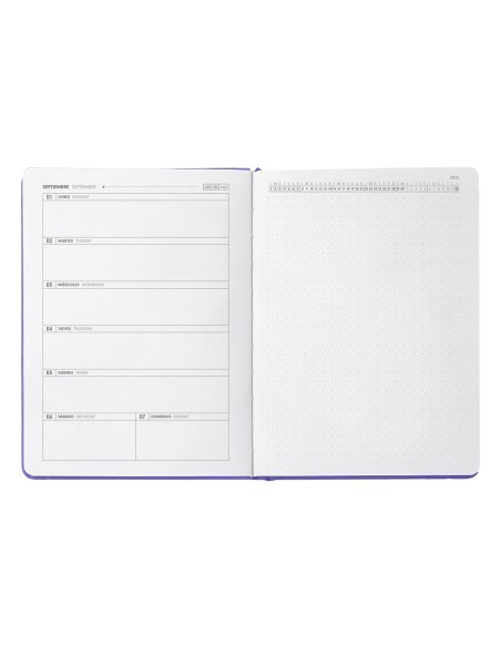Agenda escolar antartik 25 26 encuadernada ggo simil piel morado semana vista a5 bilingue papel fsc 80 gr