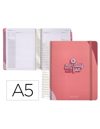 Agenda escolar antartik 25 26 espiral fun day rosa dia pagina a5 bilingue papel fsc 80 gr