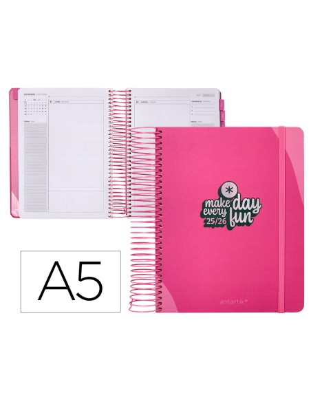 Agenda escolar antartik 25 26 espiral fun day fucsia dia pagina a5 bilingue papel fsc 80 gr