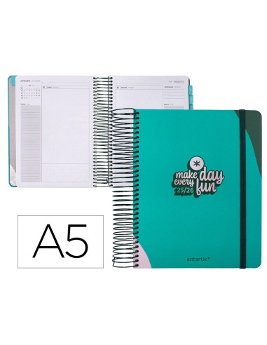 Agenda escolar antartik 25 26 espiral fun day turquesa dia pagina a5 bilingue papel fsc 80 gr