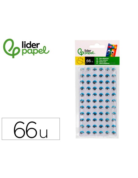 Ojo adhesivo liderpapel 10 mm con pupila negra y pestana de color azul bolsa de 66 unidades