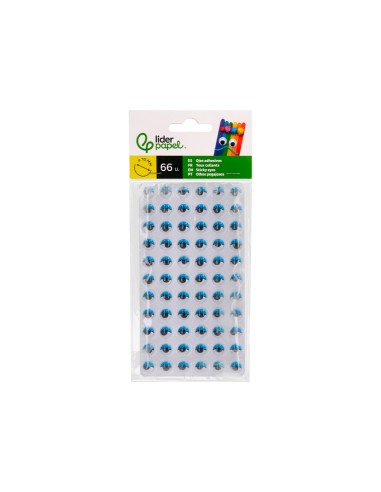 Ojo adhesivo liderpapel 10 mm con pupila negra y pestana de color azul bolsa de 66 unidades