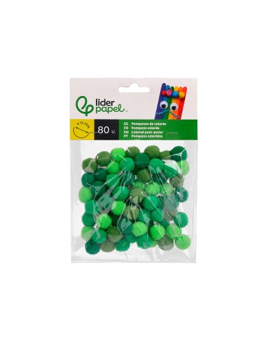 Pompones de colores liderpapel 15 cm tonalidades verdes bolsa con 80 unidades