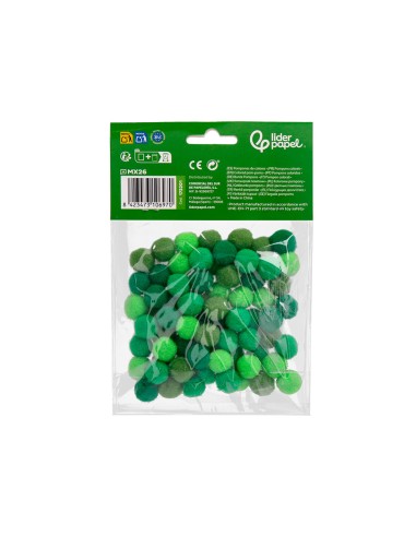 Pompones de colores liderpapel 15 cm tonalidades verdes bolsa con 80 unidades