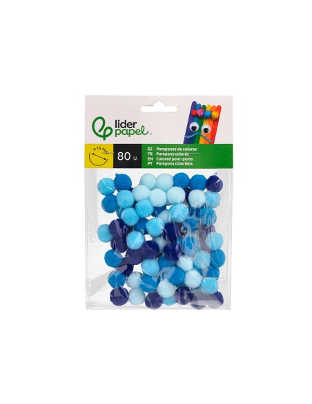 Pompones de colores liderpapel 15 cm tonalidades azules bolsa con 80 unidades