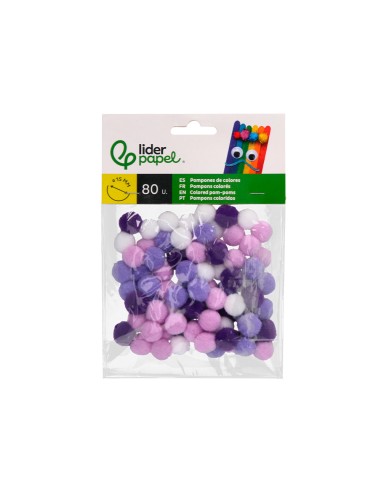 Pompones de colores liderpapel 15 cm tonalidades violeta bolsa con 80 unidades