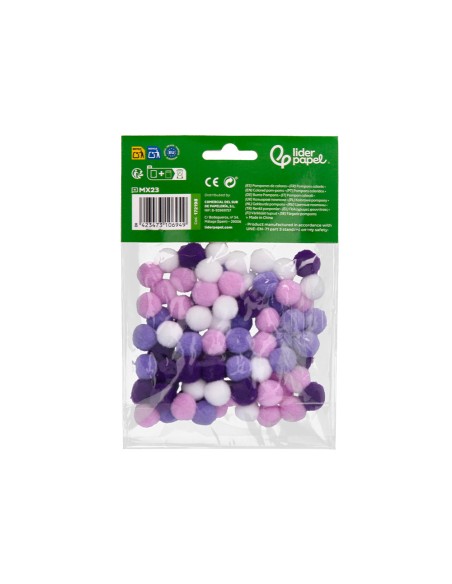 Pompones de colores liderpapel 15 cm tonalidades violeta bolsa con 80 unidades