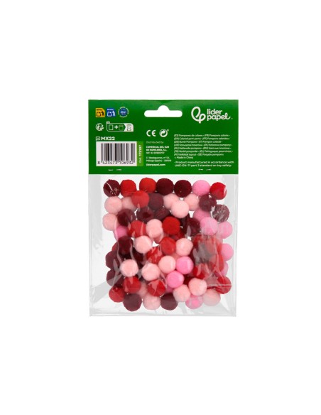 Pompones de colores liderpapel 15 cm tonalidades rojas bolsa con 80 unidades