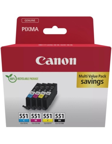 Canon CLI551 Multipack de 4 Cartuchos de Tinta Originales Negro, Cyan, Magenta y Amarillo - 6509B015