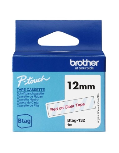 Brother Btag-132 Cinta 12mm - Texto Rojo sobre Fondo Transparente - Medidas 12mmx4 Metros - Apta para PTN10, PTN20, PTN25BT