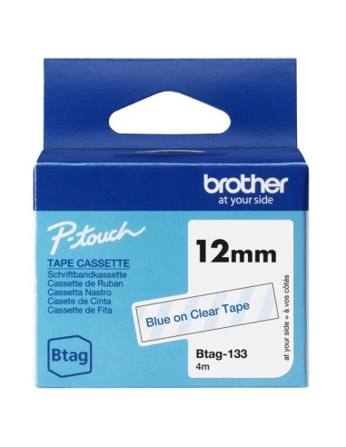 Brother Btag-133 Cinta 12mm - Texto Azul sobre Fondo Transparente - Medidas 12mmx4 Metros - Apta para PTN10, PTN20, PTN25BT