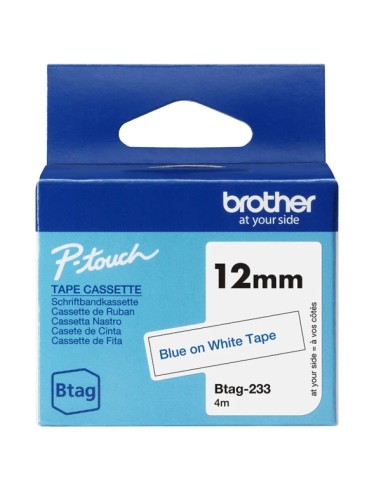 Brother Btag-233 Cinta 12mm - Texto Azul sobre Fondo Blanco - Medidas 12mmx4 Metros - Apta para PTN10, PTN20, PTN25BT