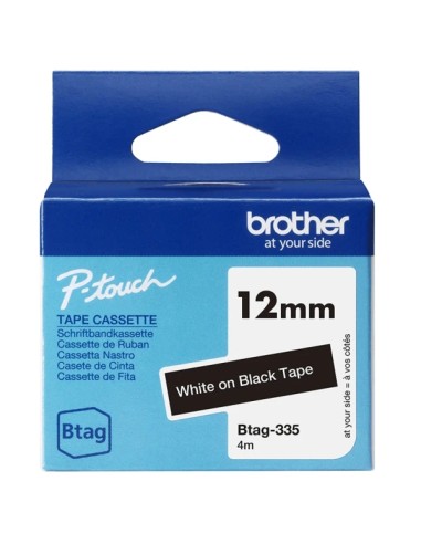 Brother Btag-335 Cinta 12mm - Texto Blanco sobre Fondo Negro - Medidas 12mmx4 Metros - Apta para PTN10, PTN20, PTN25BT