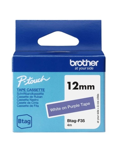 Brother Btag-F35 Cinta 12mm - Texto Blanco sobre Fondo Morado - Medidas 12mmx4 Metros - Apta para PTN10, PTN20, PTN25BT