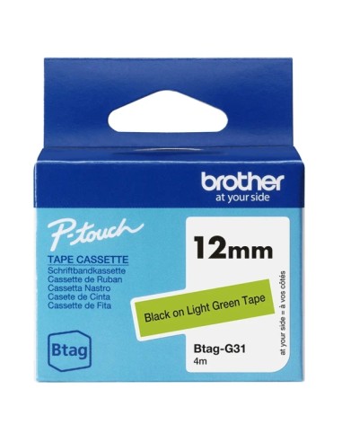 Brother Btag-G31 Cinta 12mm - Texto Negro sobre Fondo Verde - Medidas 12mmx4 Metros - Apta para PTN10, PTN20, PTN25BT