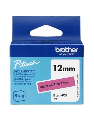 Brother Btag-P31 Cinta 12mm - Texto Negro sobre Fondo Rosa - Medidas 12mmx4 Metros - Apta para PTN10, PTN20, PTN25BT