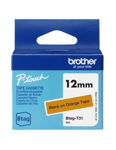 Brother Btag-T31 Cinta 12mm - Texto Negro sobre Fondo Naranja - Medidas 12mmx4 Metros - Apta para PTN10, PTN20, PTN25BT