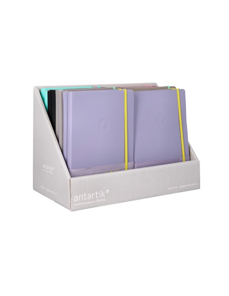 Cuaderno con gomilla antartik note tapa dura y blanda bicolor expositor de 18 unidades surtidas Cuaderno con gomilla antartik note tapa dura y blanda bicolor expositor de 18 unidades surtidas
