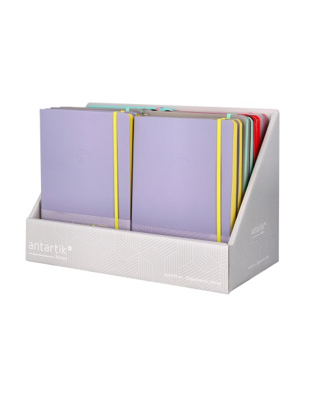 Cuaderno con gomilla antartik note tapa dura y blanda bicolor expositor de 18 unidades surtidas Cuaderno con gomilla antartik note tapa dura y blanda bicolor expositor de 18 unidades surtidas