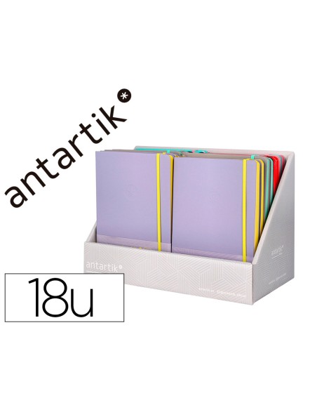 Cuaderno con gomilla antartik note tapa dura y blanda bicolor expositor de 18 unidades surtidas Cuaderno con gomilla antartik note tapa dura y blanda bicolor expositor de 18 unidades surtidas
